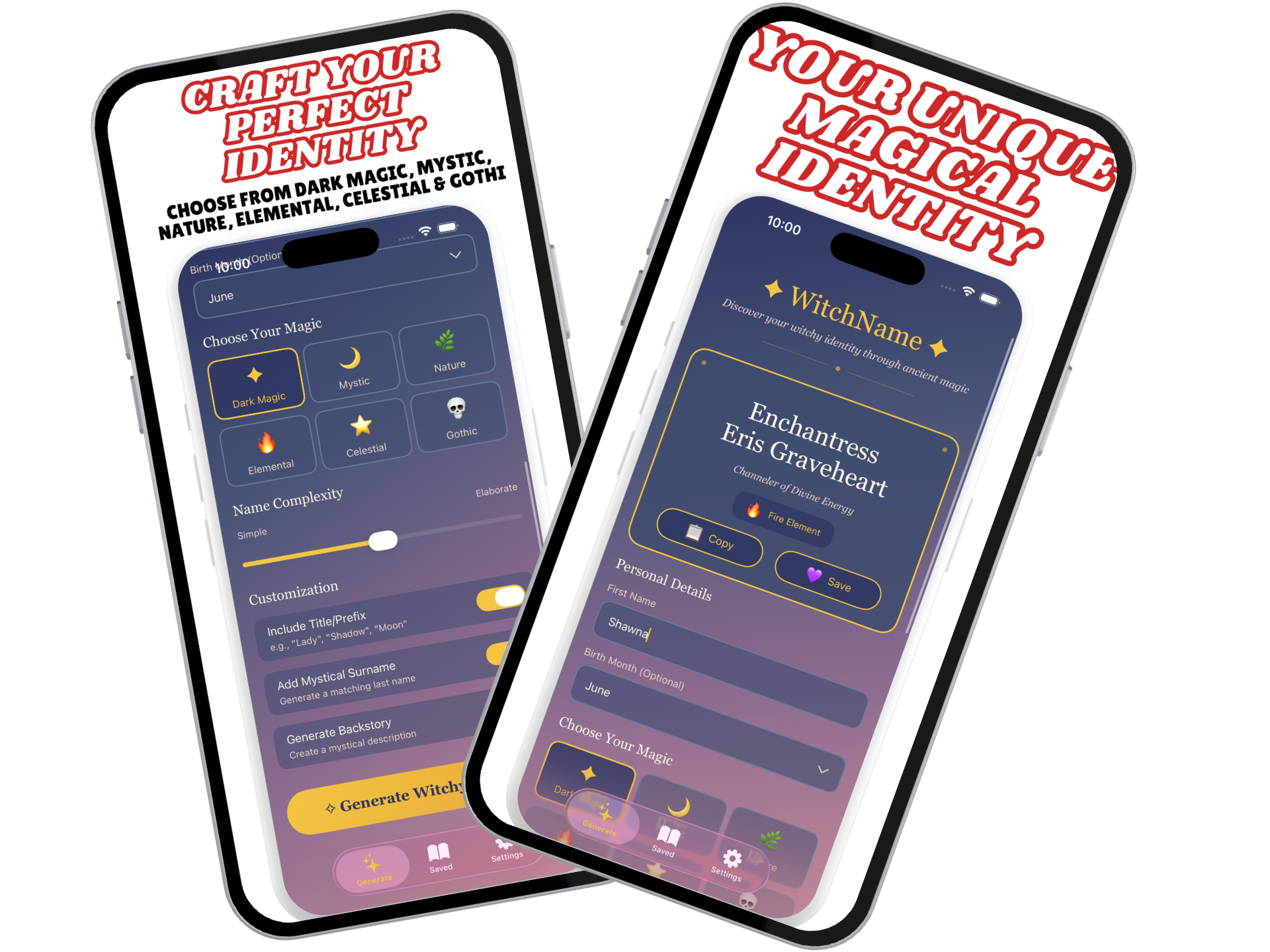 Witchy names generator app interface showing mystical name suggestions